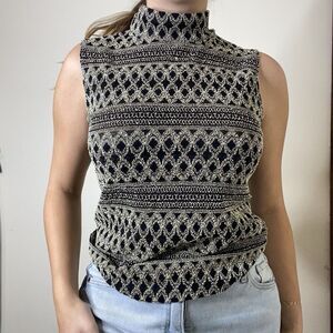 Heavenly Gold & Black Y2k Stretchy Sleeveless Mock Neck Top Size Medium